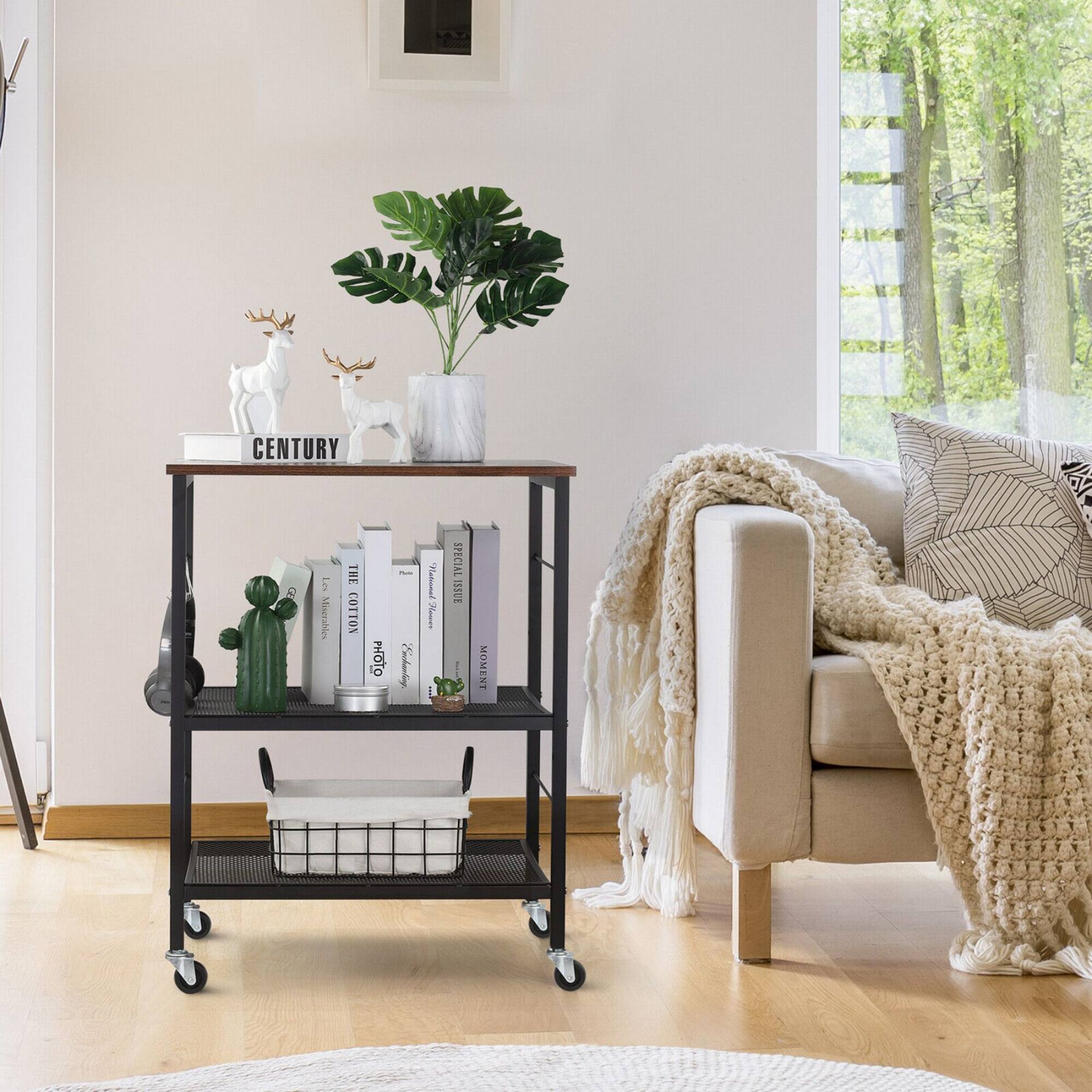 Rustic Brown Kitchen Baker's Rack 3-Tier Mesh Kitchen Storage Cart